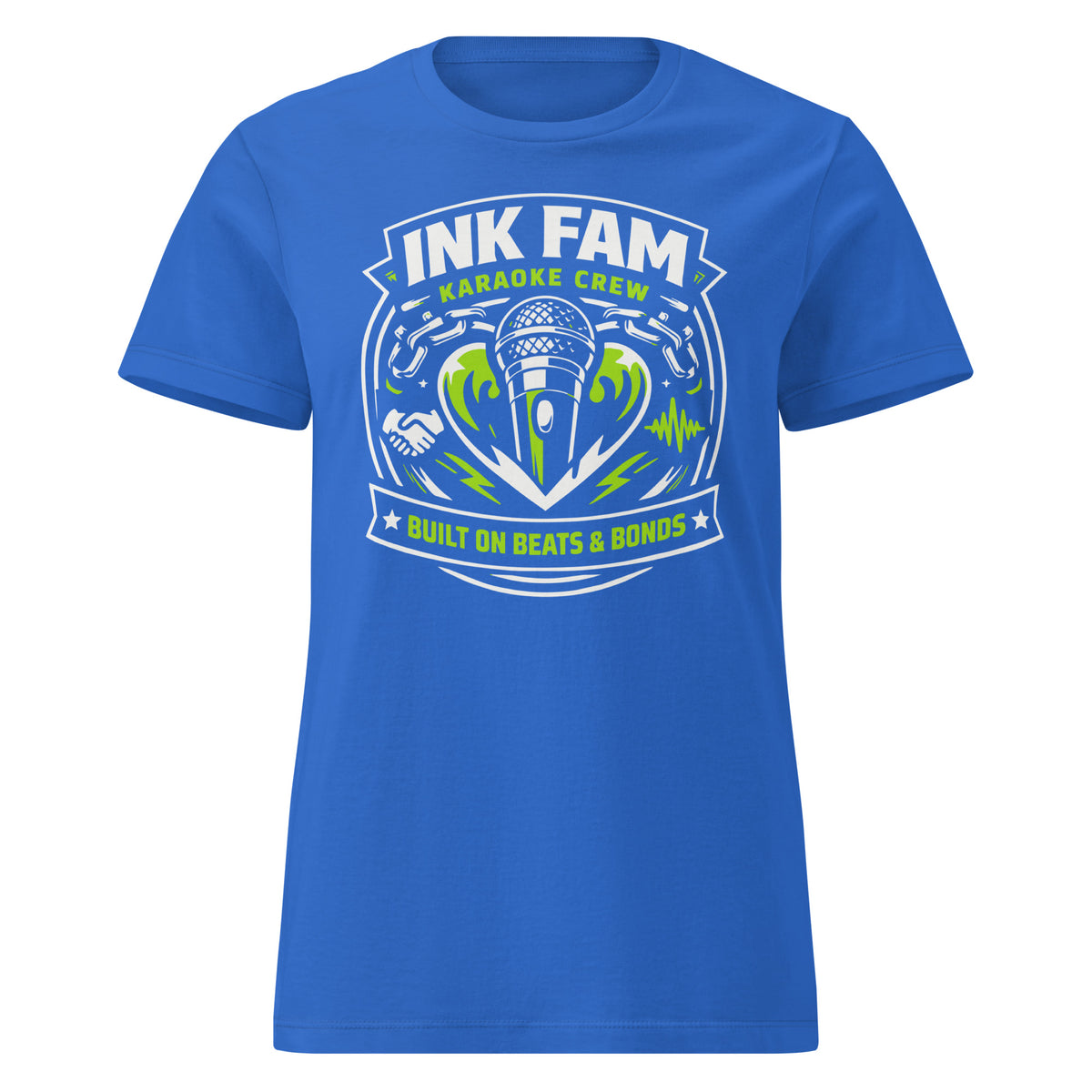 Royal women's T-shirt, front view, featuring DJ Ink Beats & Bonds shield with a microphone and green-and-white lettering.