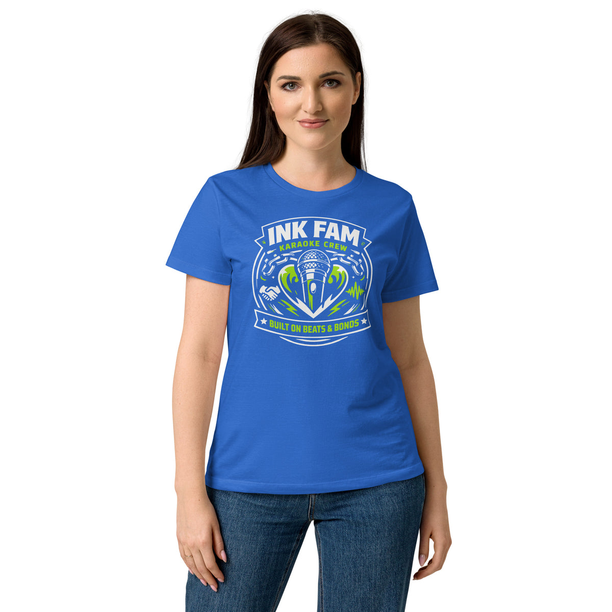 Royal women's T-shirt, front view, featuring DJ Ink Beats & Bonds shield with a microphone and green-and-white lettering.