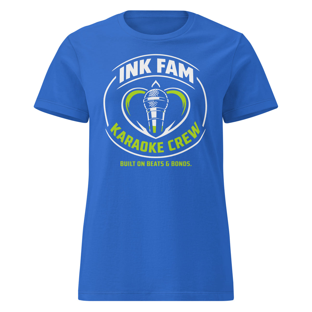 Royal women's T-shirt, front view, featuring DJ Ink Fam green-and-white circular microphone badge.