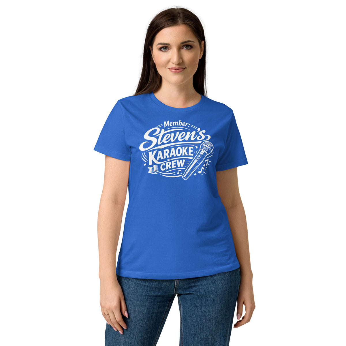 Royal women's T-shirt, front view, featuring Steven's Karaoke Crew lettering and microphone graphic.