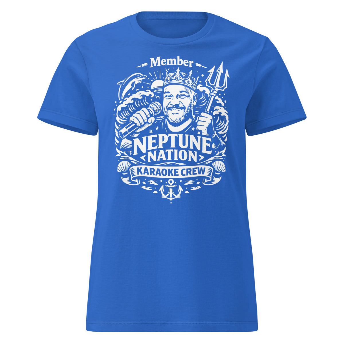 Royal women's T-shirt, front view, featuring KJ Neptune's Neptune Nation nautical microphone and trident badge.