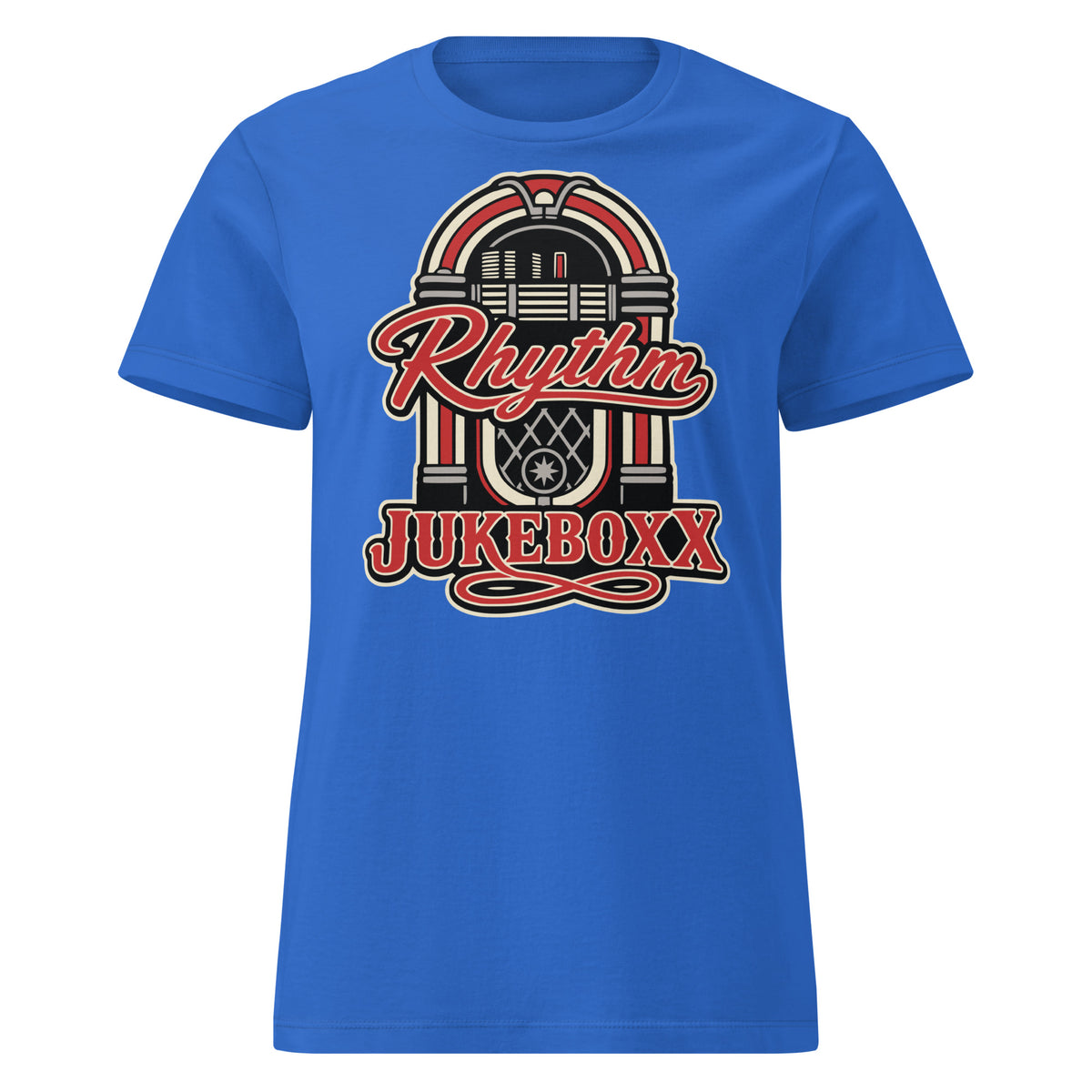 Royal women's T-shirt, front view, featuring Rhythm Jukeboxx red-and-cream retro jukebox graphic.