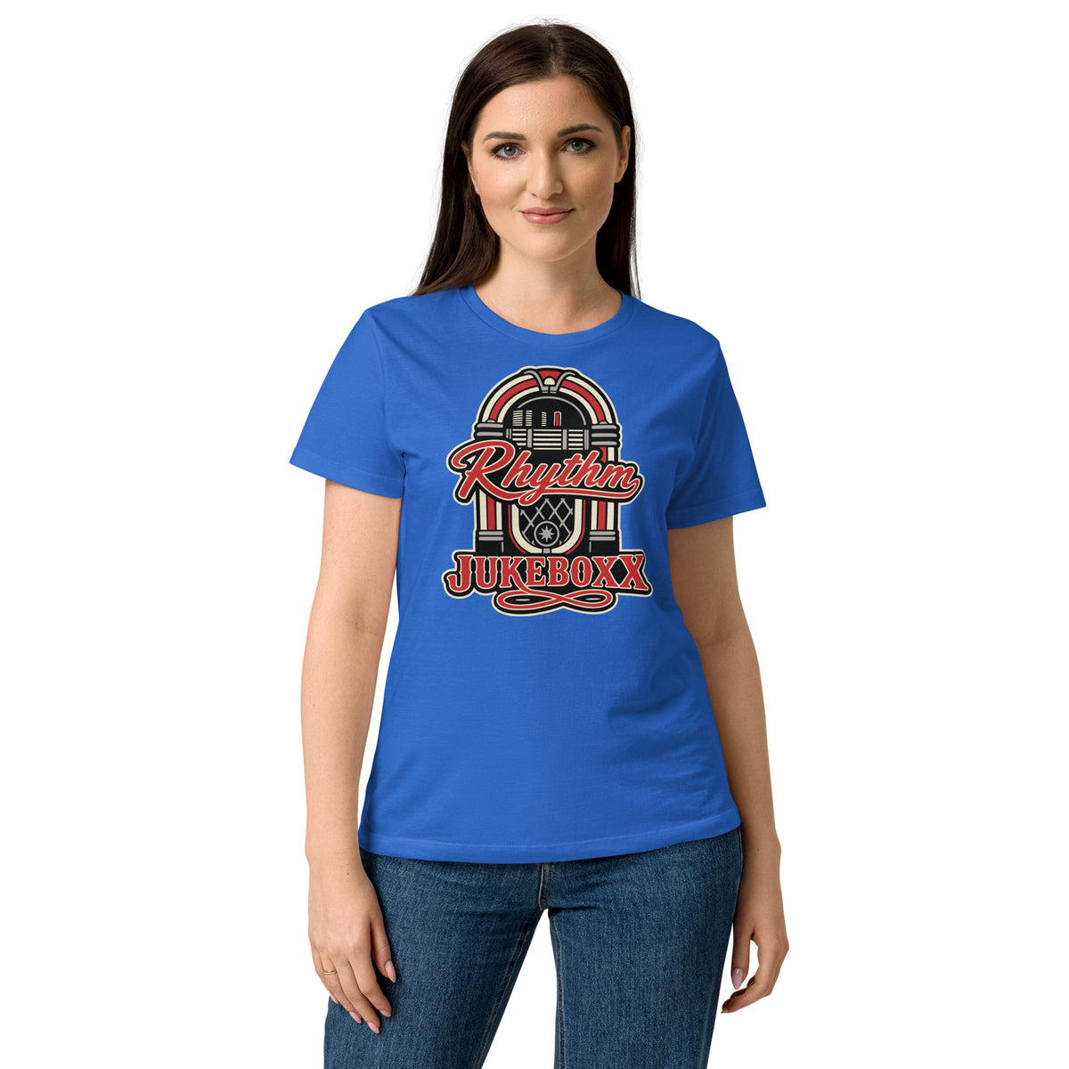Royal women's T-shirt, front view, featuring Rhythm Jukeboxx red-and-cream retro jukebox graphic.