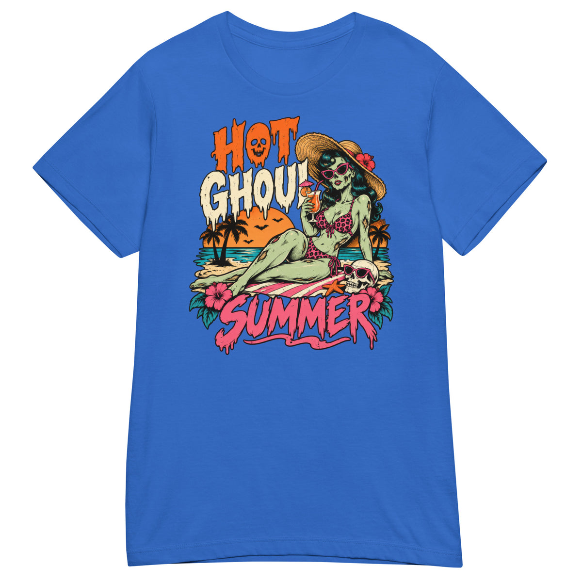 Royal women's T-shirt, front view, featuring the Hot Ghoul Summer zombie pin-up design