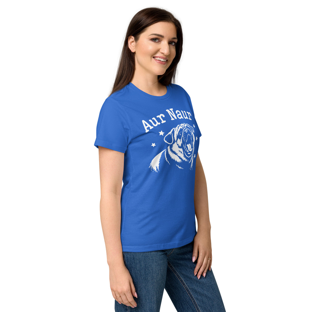 Royal women's graphic T-shirt, right-front angled view, featuring Aur Naur white pug portrait and star-accented lettering.