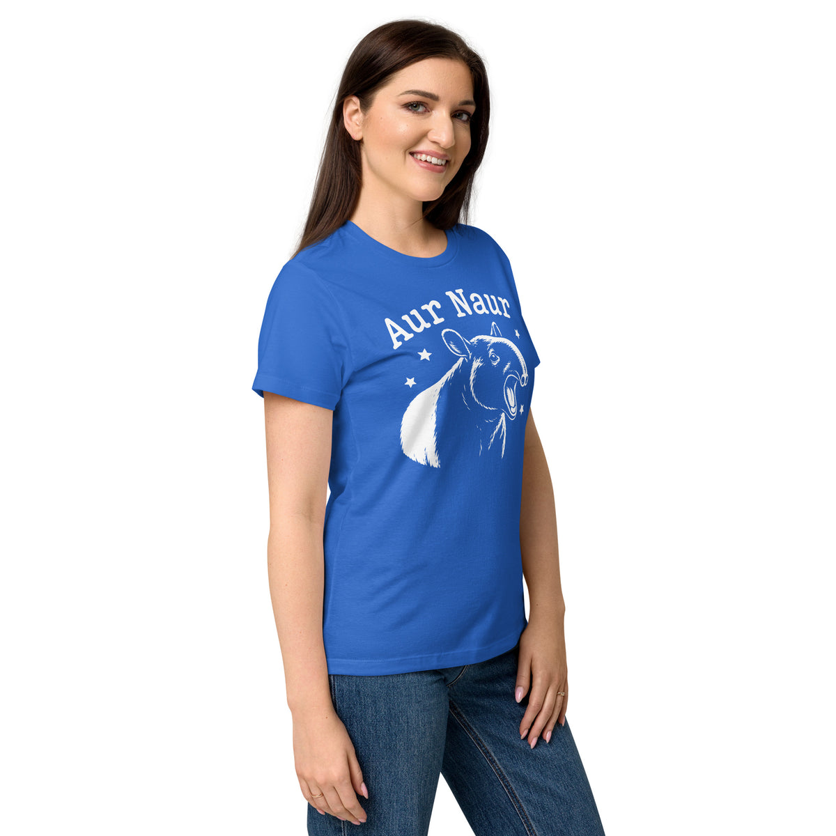 Royal women's graphic T-shirt, right-front angled view, featuring Aur Naur white tapir portrait, stars and lettering.