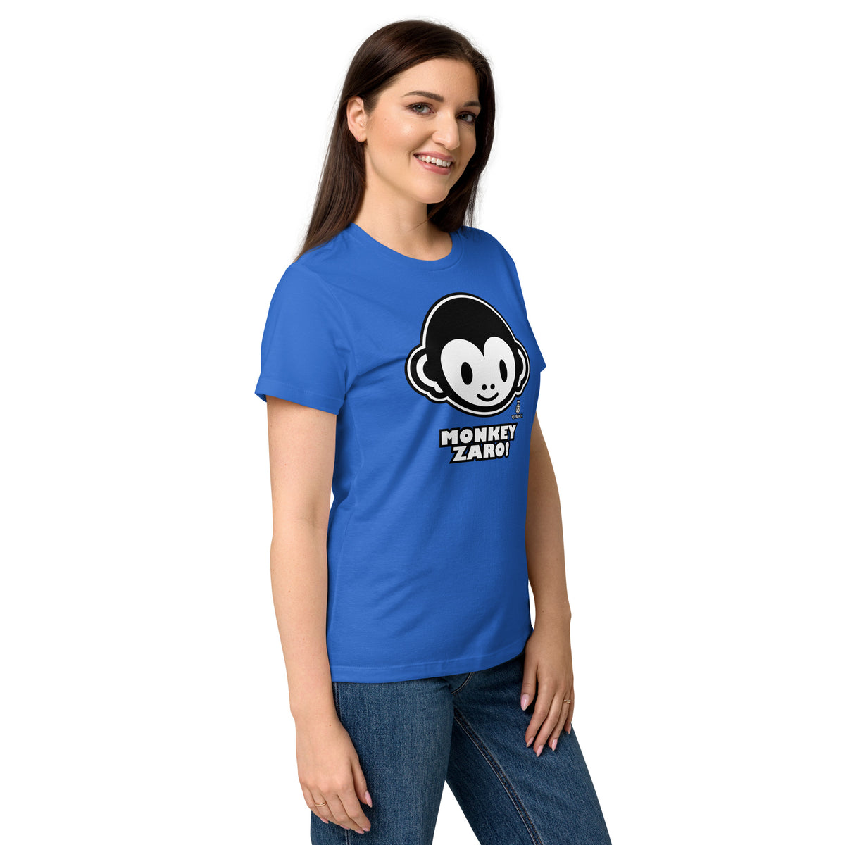 Royal women's graphic T-shirt, right-front angled view, featuring Monkey Zaro! white cartoon monkey face and lettering.