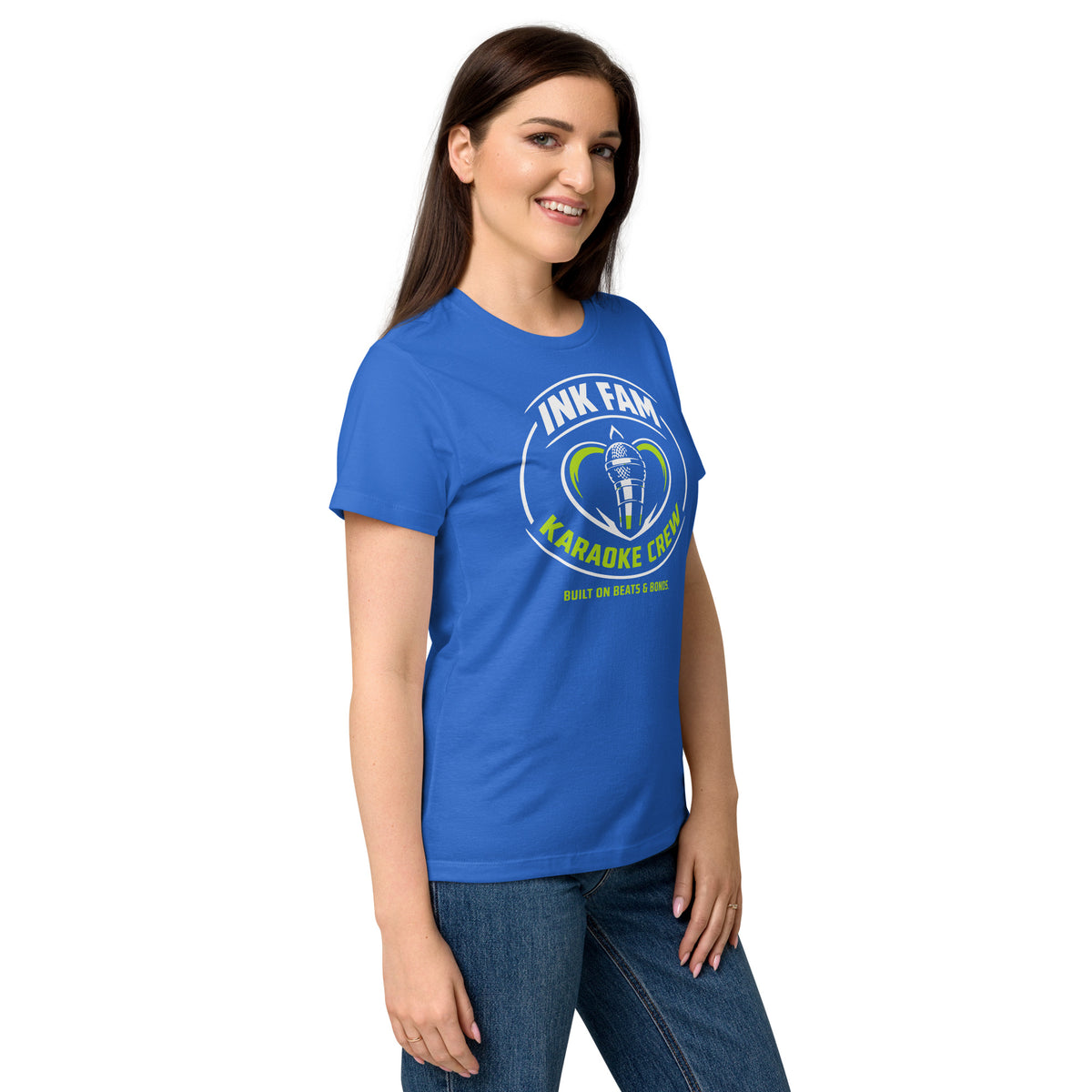 Royal women's T-shirt, right-front angled view, featuring DJ Ink Fam green-and-white circular microphone badge.