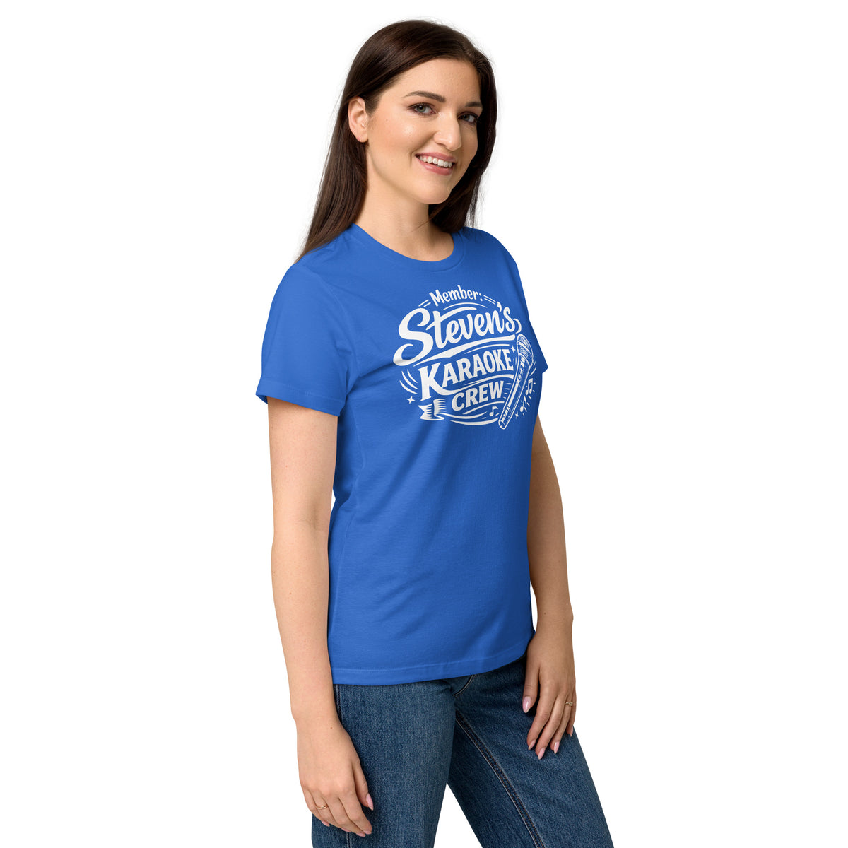 Royal women's T-shirt, right-front angled view, featuring Steven's Karaoke Crew lettering and microphone graphic.