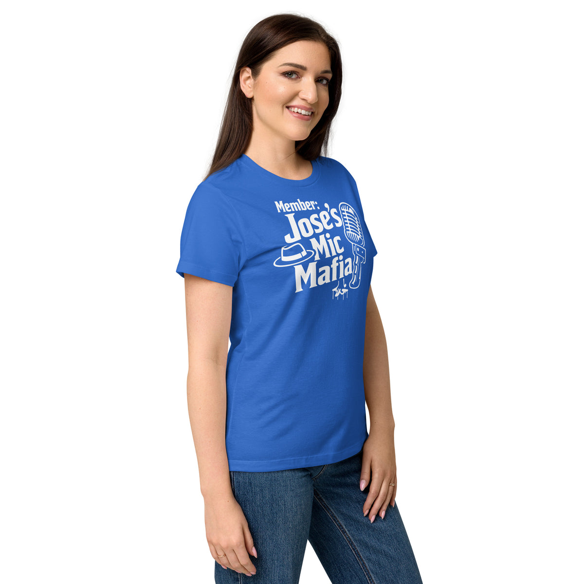 Royal women's T-shirt, right-front angled view, featuring Jose's Mic Mafia microphone and fedora design.