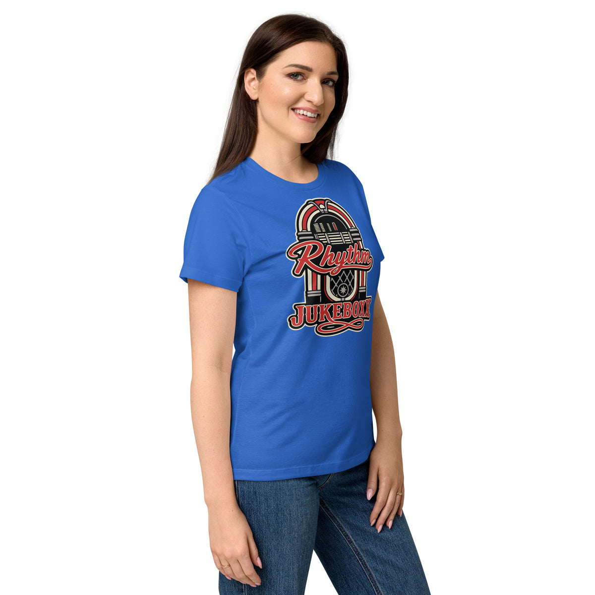 Royal women's T-shirt, right-front angled view, featuring Rhythm Jukeboxx red-and-cream retro jukebox graphic.