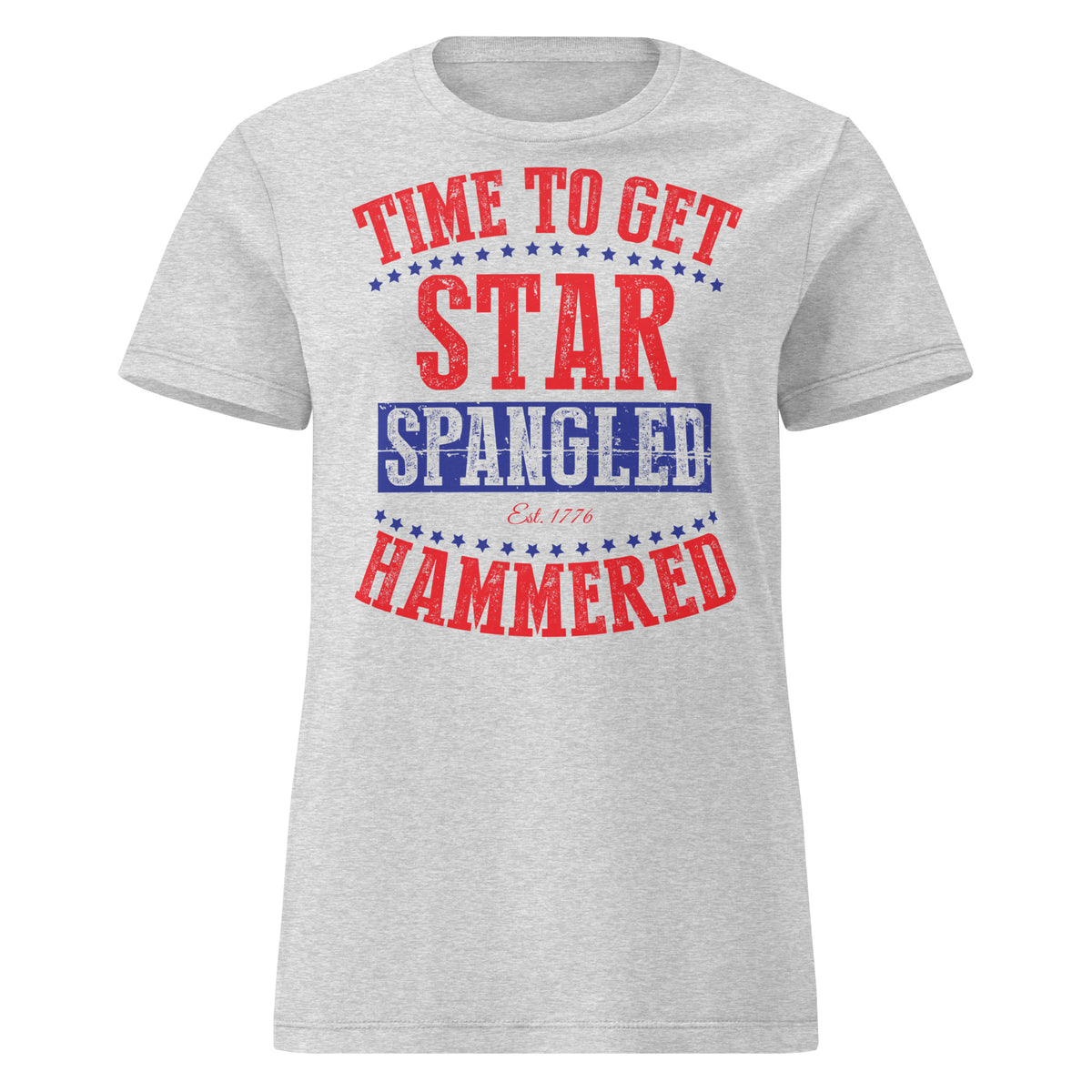 RS Sport Grey women's T-shirt, front view, for the Star Spangled Hammered red-and-blue patriotic party lettering design.