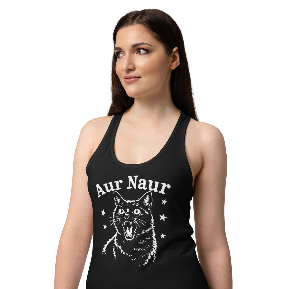 Black women's racerback tank, alternate front view, featuring Aur Naur white cat portrait and music-themed lettering.