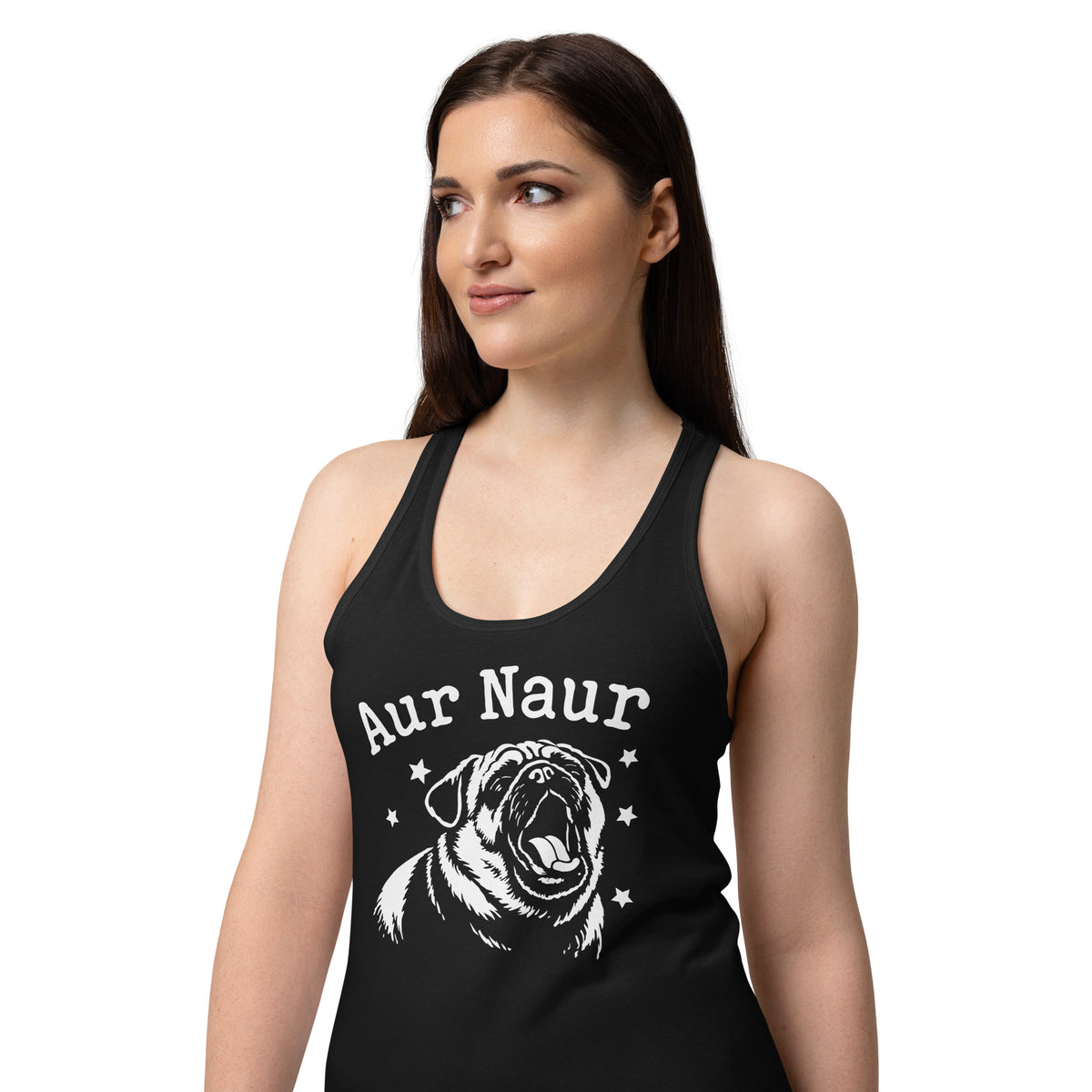 Black women's racerback tank, alternate front view, featuring Aur Naur white pug portrait and star-accented lettering.