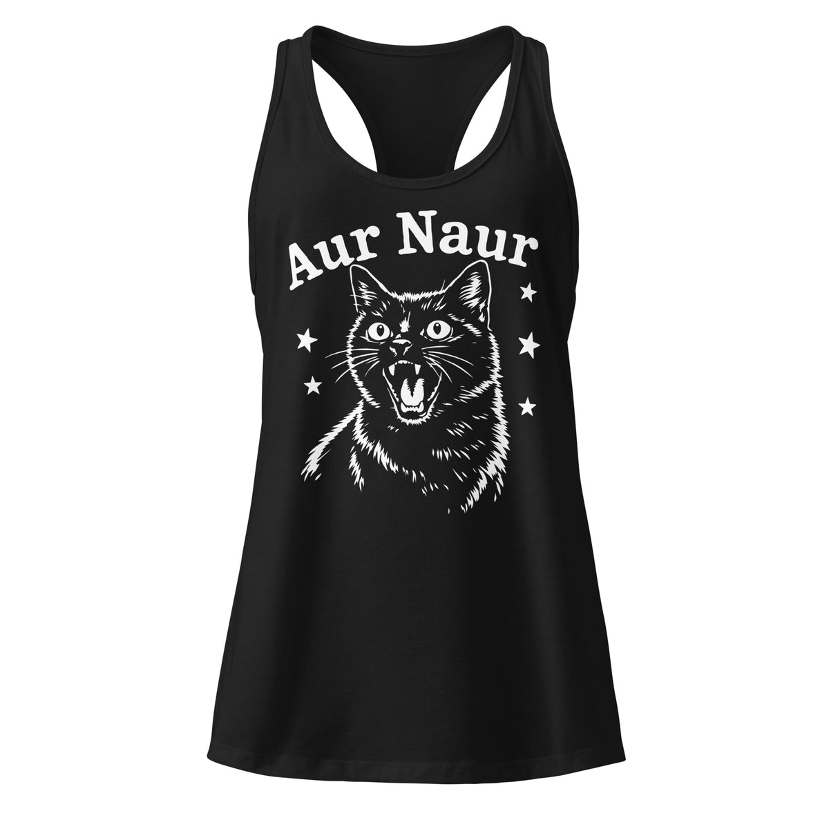 Black women’s racerback tank top featuring a startled white cat portrait, star accents and “Aur Naur” lettering.