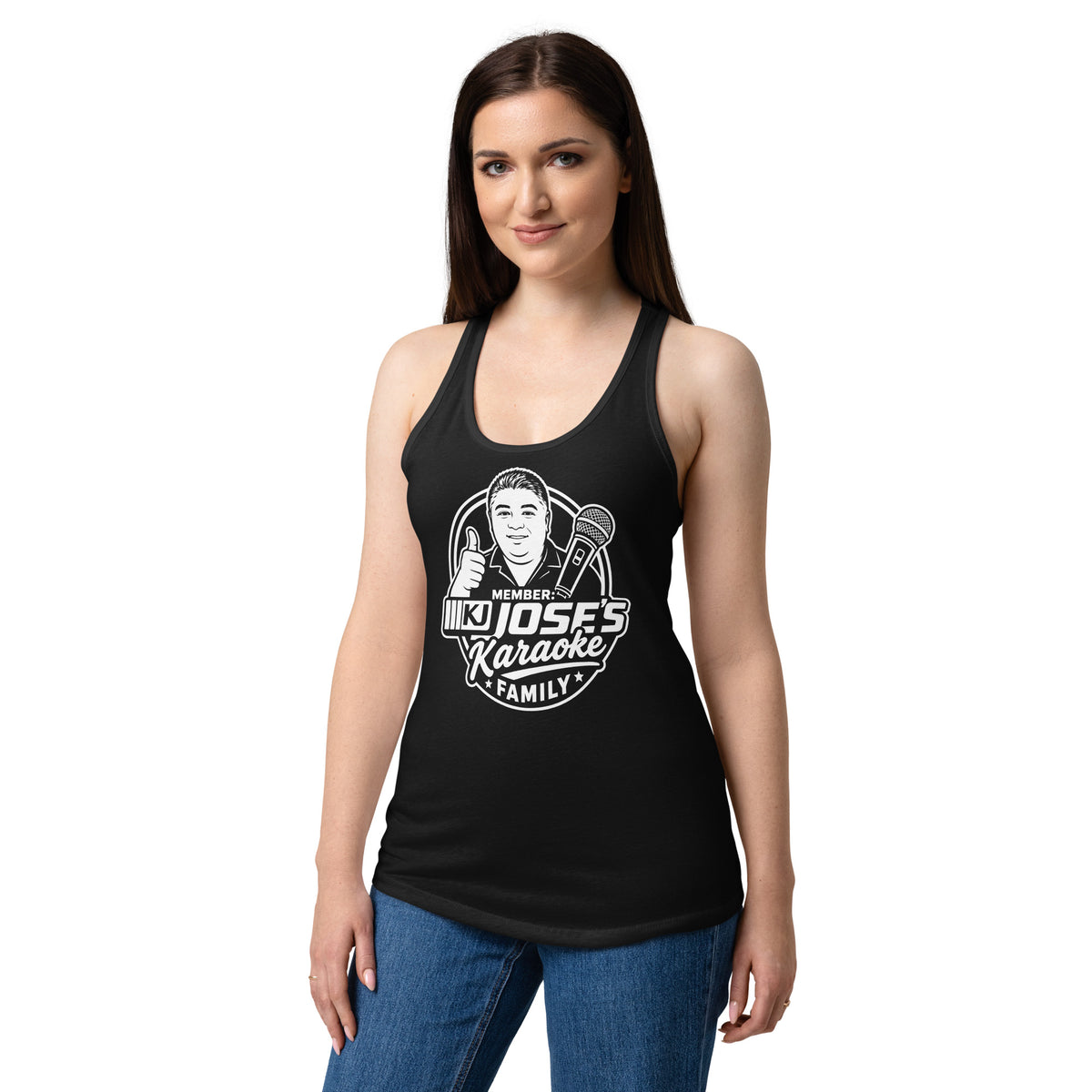 Black women's racerback tank top, front view, featuring KJ Jose's Karaoke Family portrait and microphone badge.