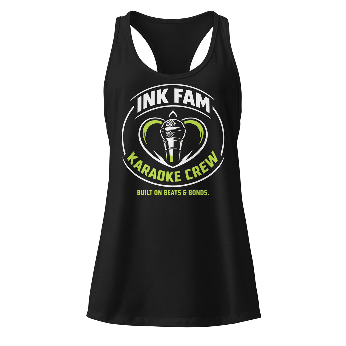 Black women’s racerback tank top featuring a green-and-white circular Ink Fam Karaoke Crew microphone emblem.