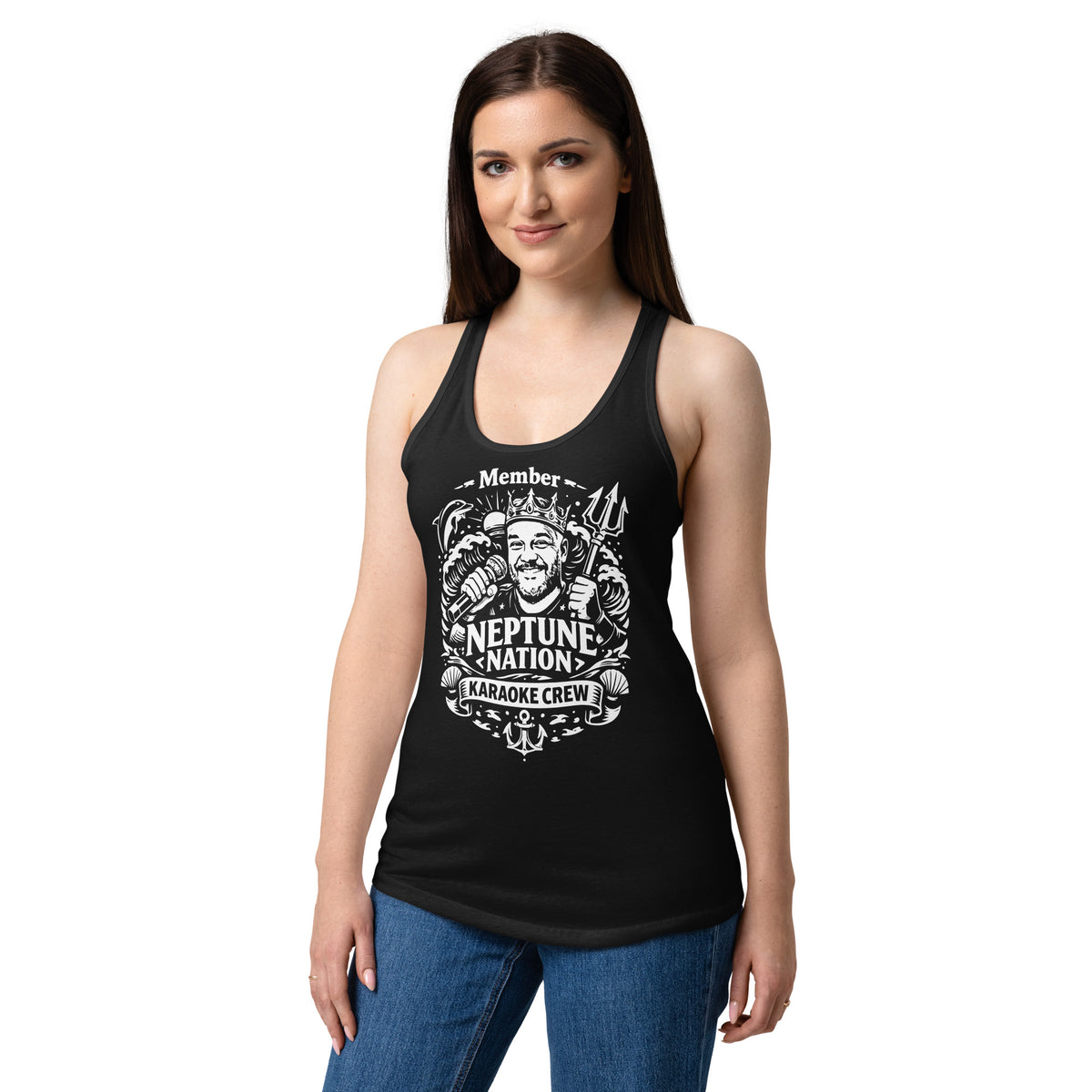 Black women's racerback tank top, front view, featuring KJ Neptune's Neptune Nation nautical microphone and trident badge.