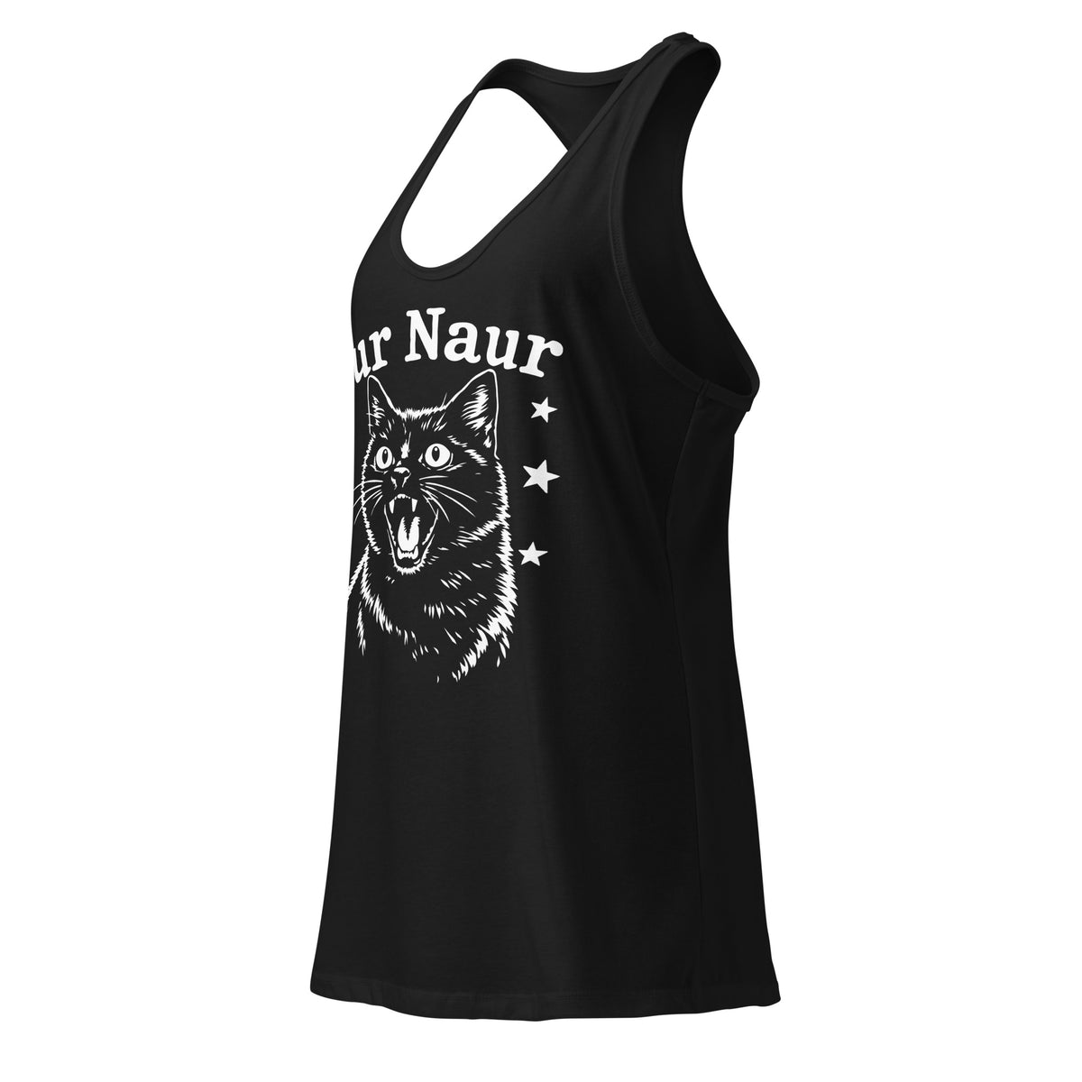 Black women's racerback tank, left-front angled view, featuring Aur Naur white cat portrait and music-themed lettering.
