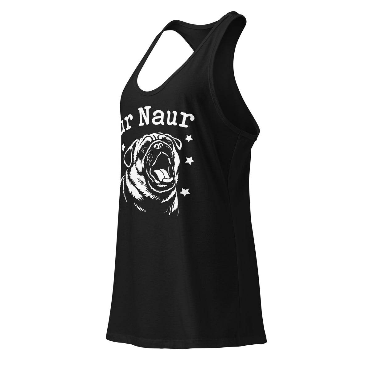 Black women's racerback tank, left-front angled view, featuring Aur Naur white pug portrait and star-accented lettering.