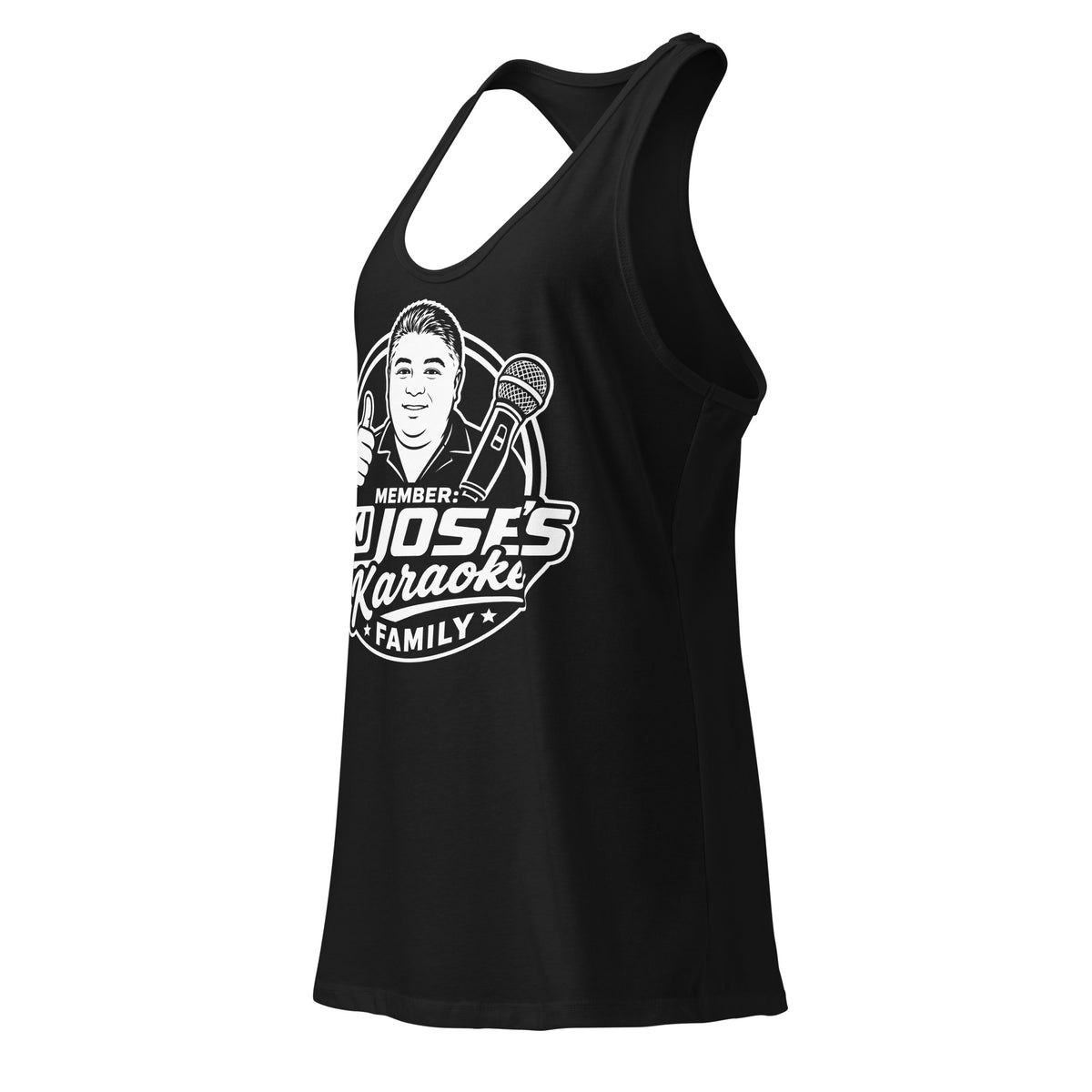 Black women's racerback tank top, left-front angled view, featuring KJ Jose's Karaoke Family portrait and microphone badge.