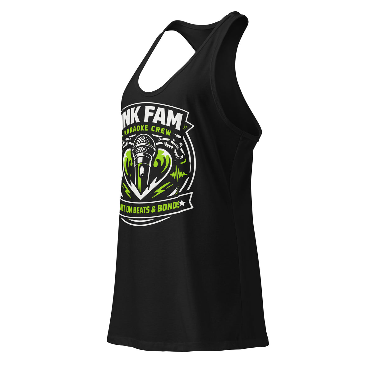 Black women's racerback tank top, left-front angled view, featuring DJ Ink Beats & Bonds shield with a microphone and green-and-white lettering.