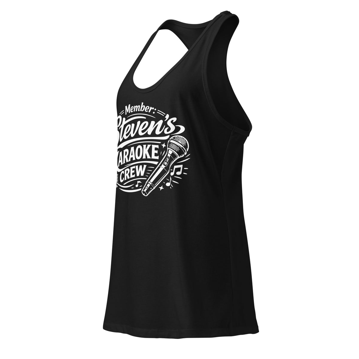 Black women's racerback tank top, left-front angled view, featuring Steven's Karaoke Crew lettering and microphone graphic.