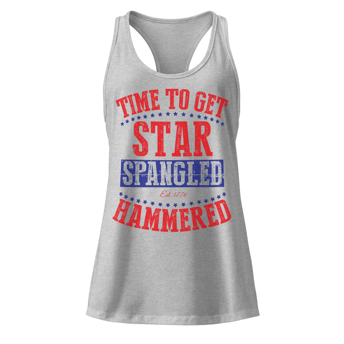 Heather gray women's racerback tank top, front view, for the Star Spangled Hammered red-and-blue patriotic party lettering design.