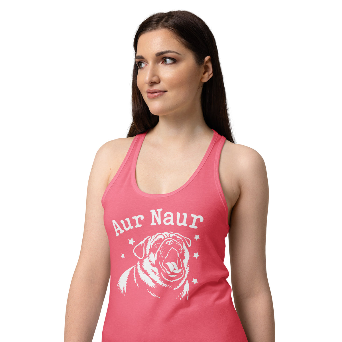 Hot Pink women's racerback tank, alternate front view, featuring Aur Naur white pug portrait and star-accented lettering.