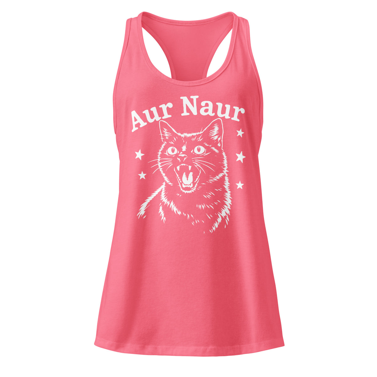 Hot Pink women's racerback tank, front view, featuring Aur Naur white cat portrait and music-themed lettering.