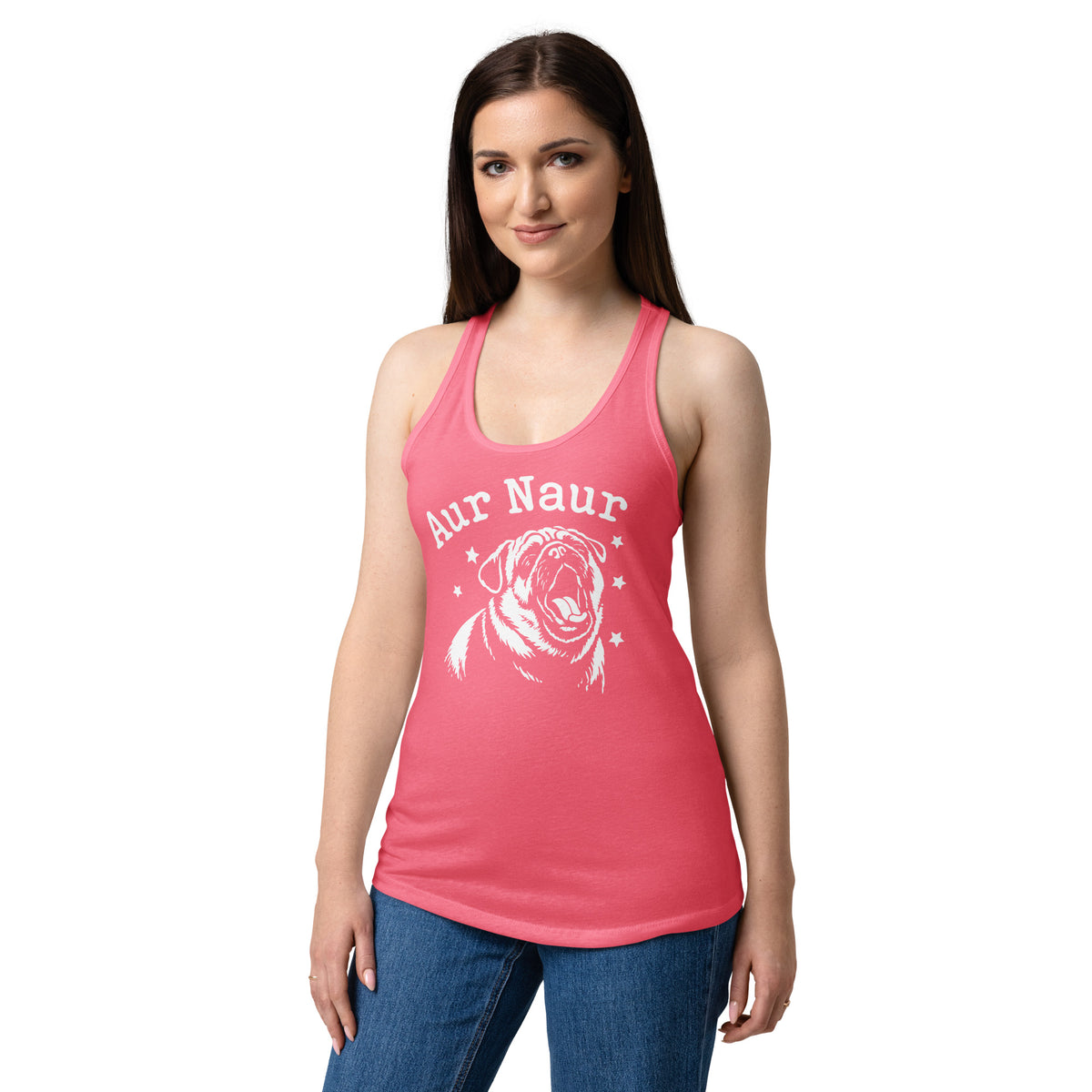Hot Pink women's racerback tank, front view, featuring Aur Naur white pug portrait and star-accented lettering.