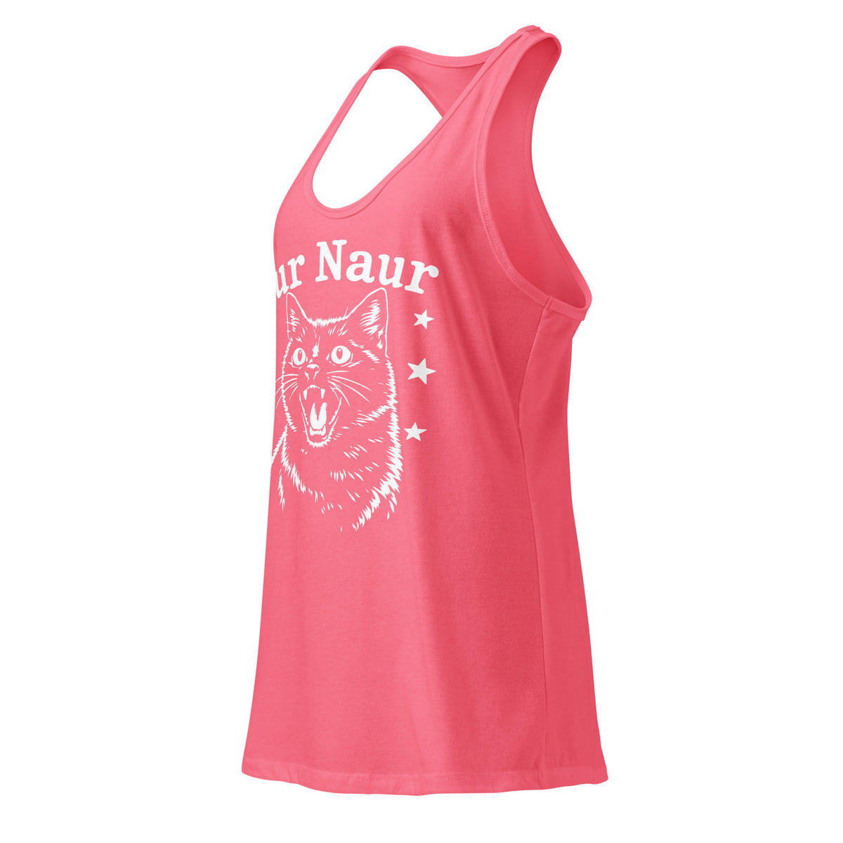 Hot Pink women's racerback tank, left-front angled view, featuring Aur Naur white cat portrait and music-themed lettering.