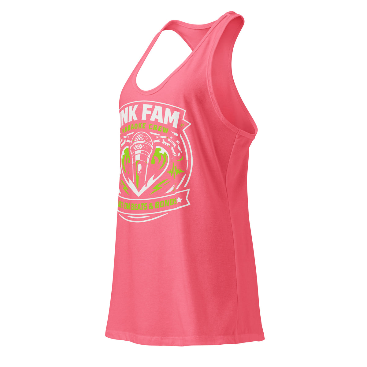 Hot Pink women's racerback tank top, left-front angled view, featuring DJ Ink Beats & Bonds shield with a microphone and green-and-white lettering.
