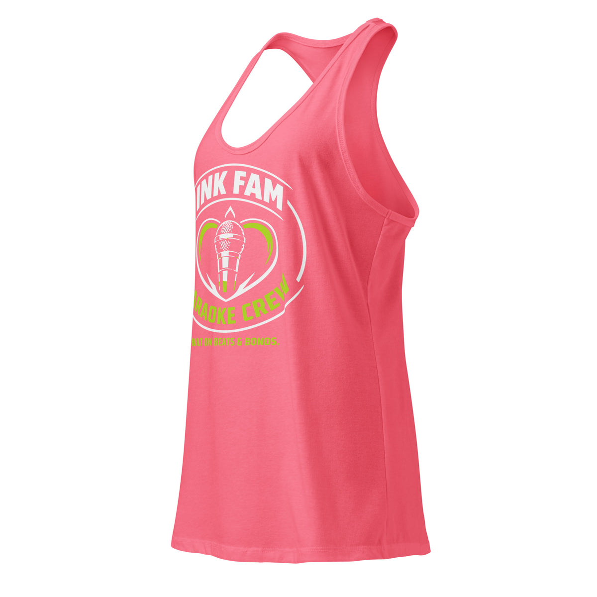 Hot Pink women's racerback tank top, left-front angled view, featuring DJ Ink Fam green-and-white circular microphone badge.