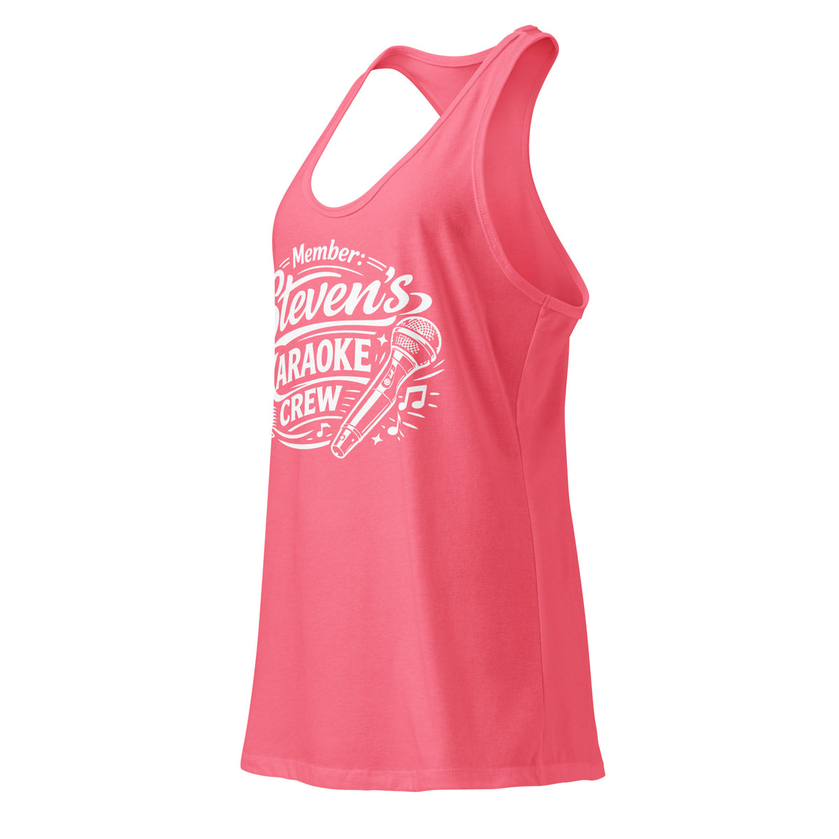 Hot Pink women's racerback tank top, left-front angled view, featuring Steven's Karaoke Crew lettering and microphone graphic.