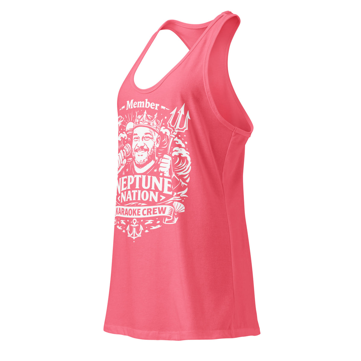 Hot Pink women's racerback tank top, left-front angled view, featuring KJ Neptune's Neptune Nation nautical microphone and trident badge.