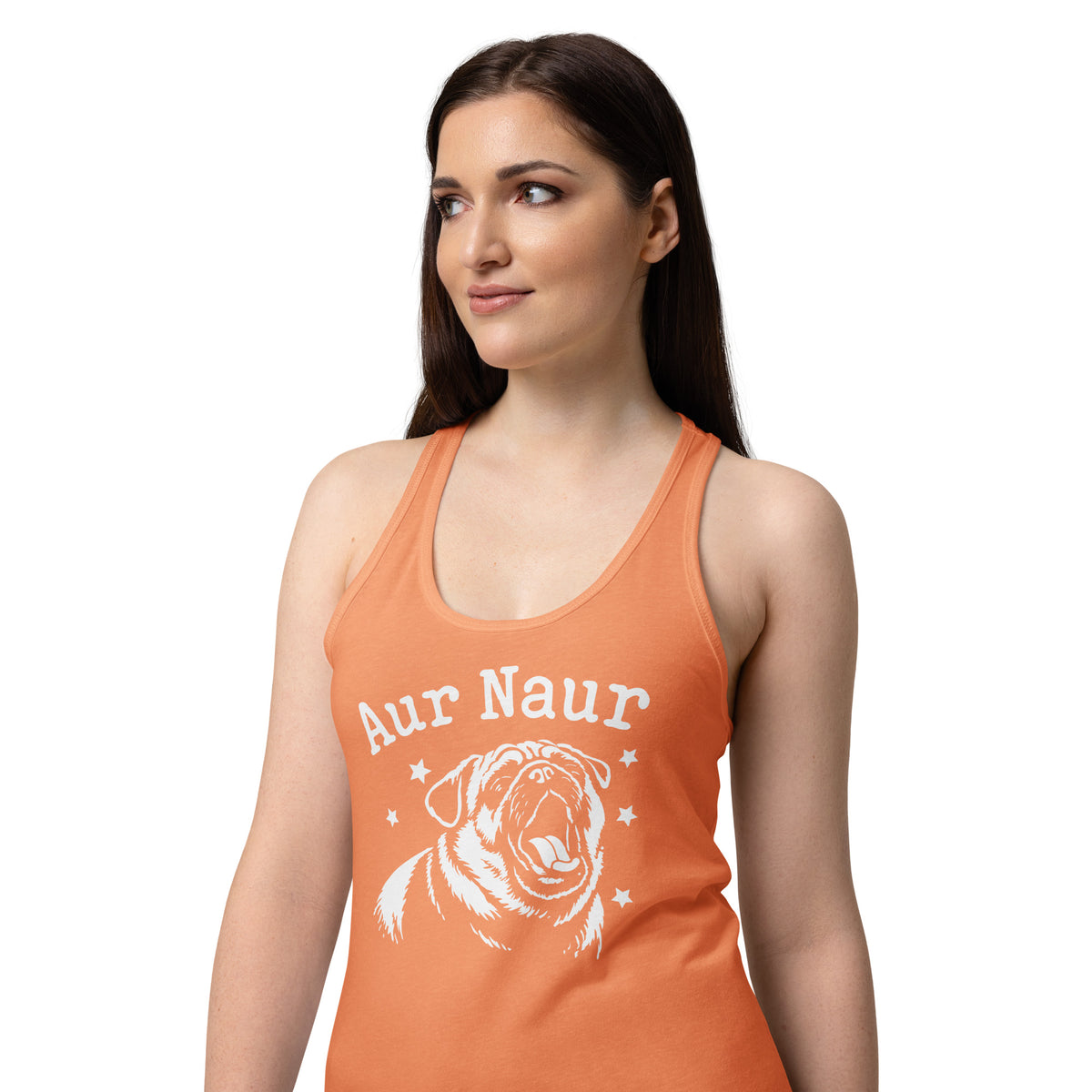 Light Orange women's racerback tank, alternate front view, featuring Aur Naur white pug portrait and star-accented lettering.