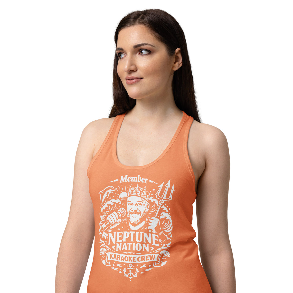 Light Orange women's racerback tank top, alternate front view, featuring KJ Neptune's Neptune Nation nautical microphone and trident badge.