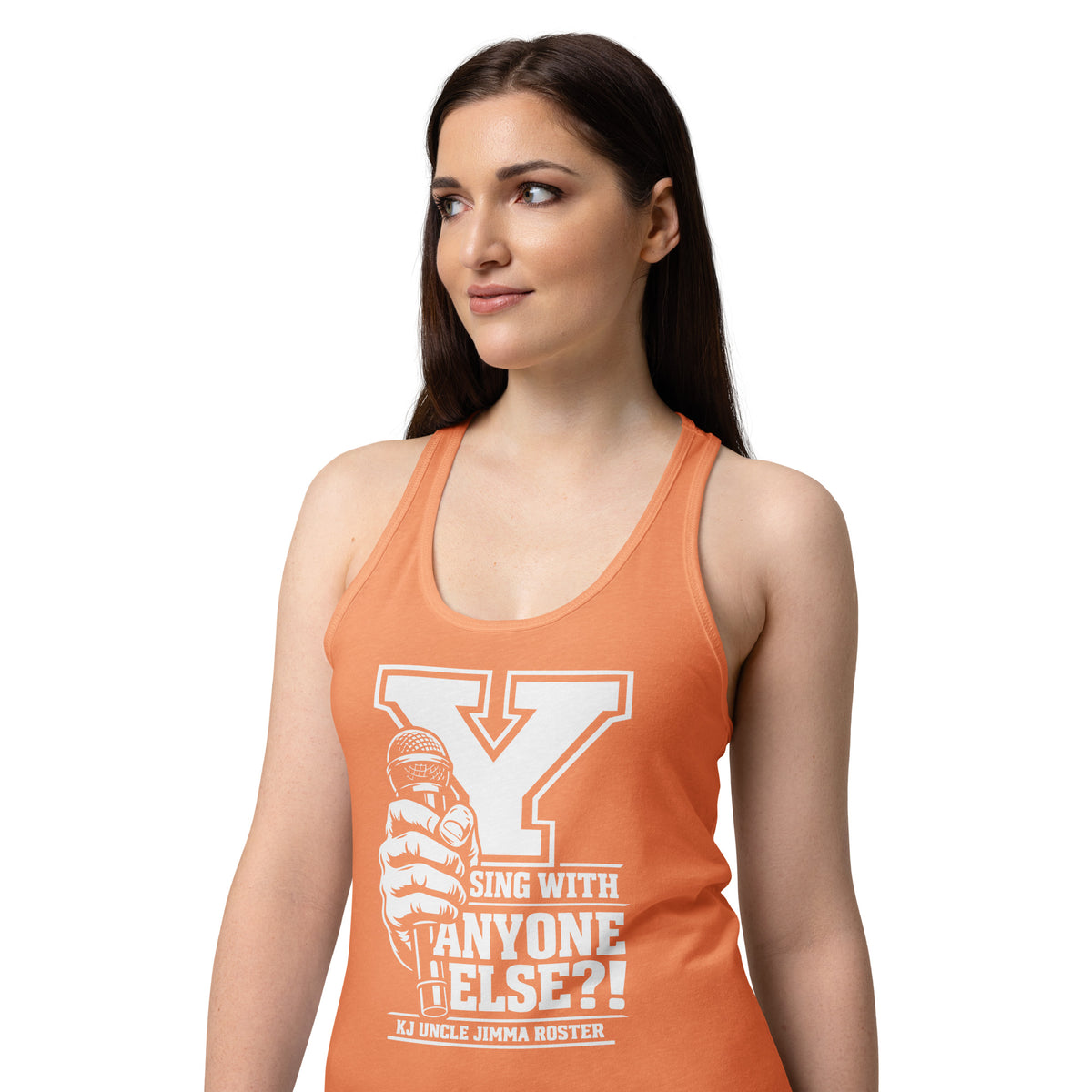 Light Orange women's racerback tank top, alternate front view, featuring Uncle Jimma Roster Anthem varsity Y with hand-held microphone.