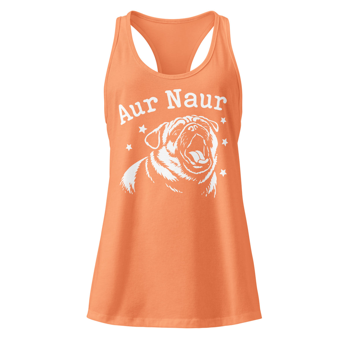 Light Orange women's racerback tank, front view, featuring Aur Naur white pug portrait and star-accented lettering.