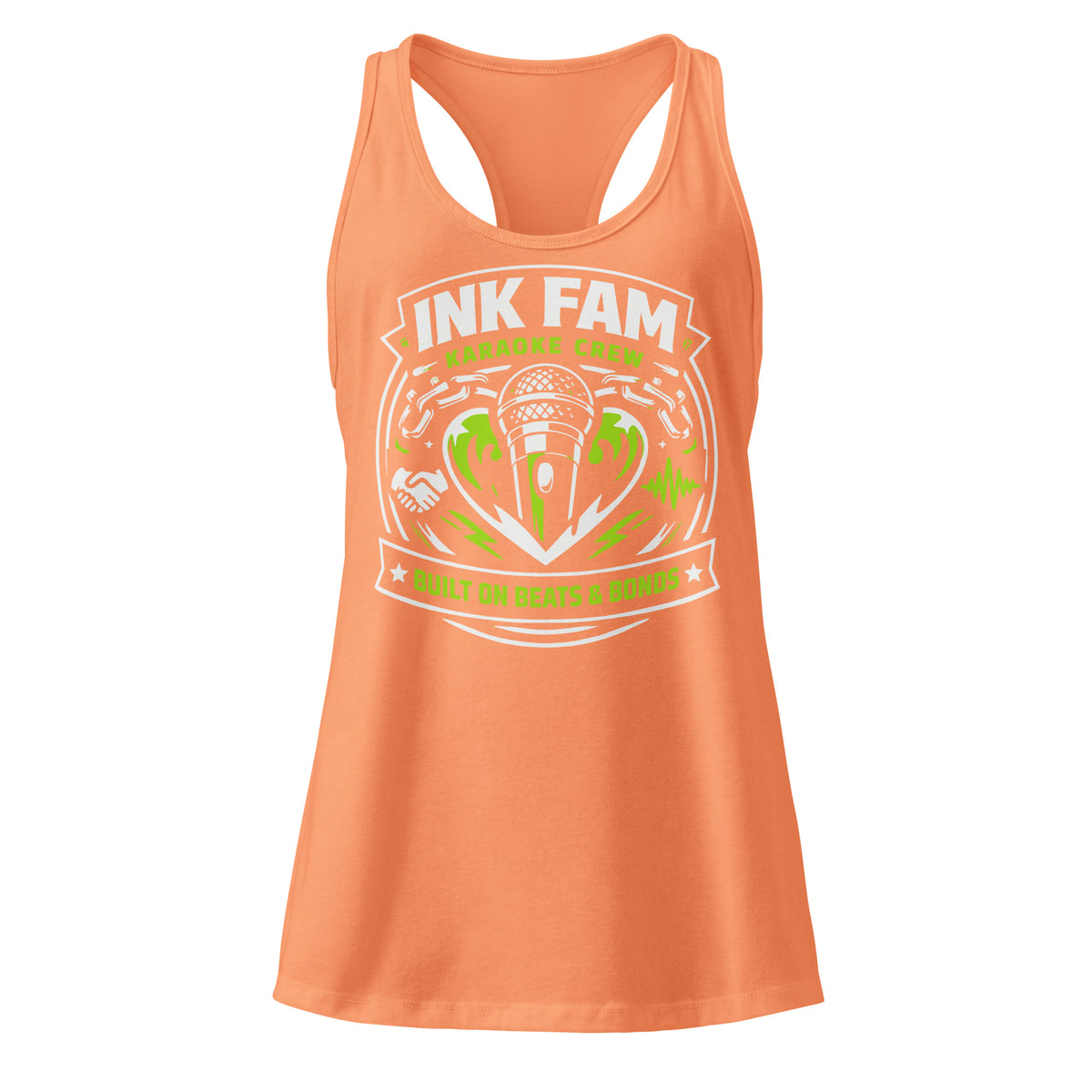 Light Orange women's racerback tank top, front view, featuring DJ Ink Beats & Bonds shield with a microphone and green-and-white lettering.