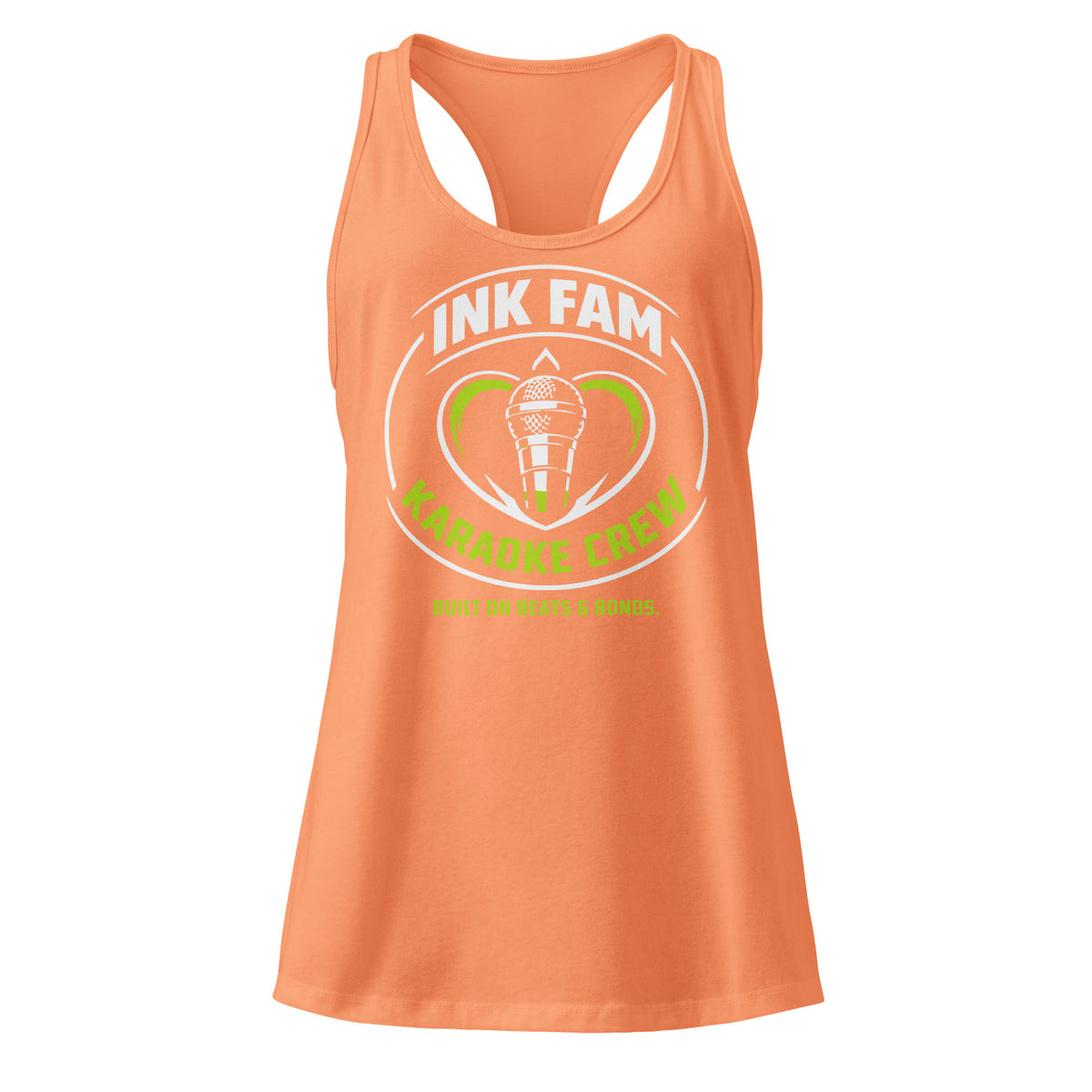 Light Orange women's racerback tank top, front view, featuring DJ Ink Fam green-and-white circular microphone badge.