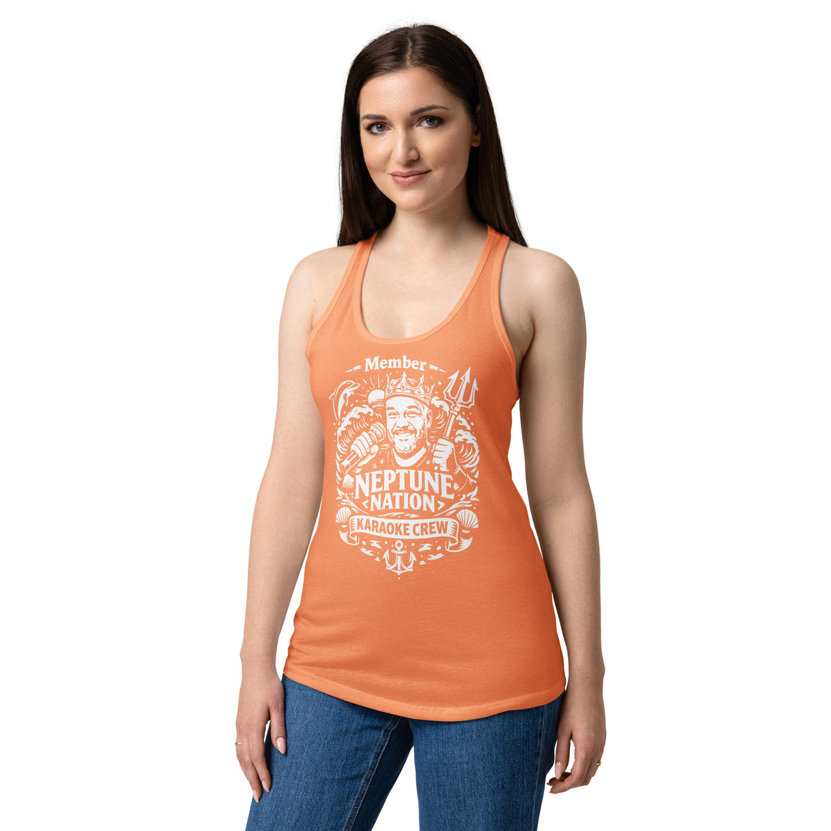 Light Orange women's racerback tank top, front view, featuring KJ Neptune's Neptune Nation nautical microphone and trident badge.