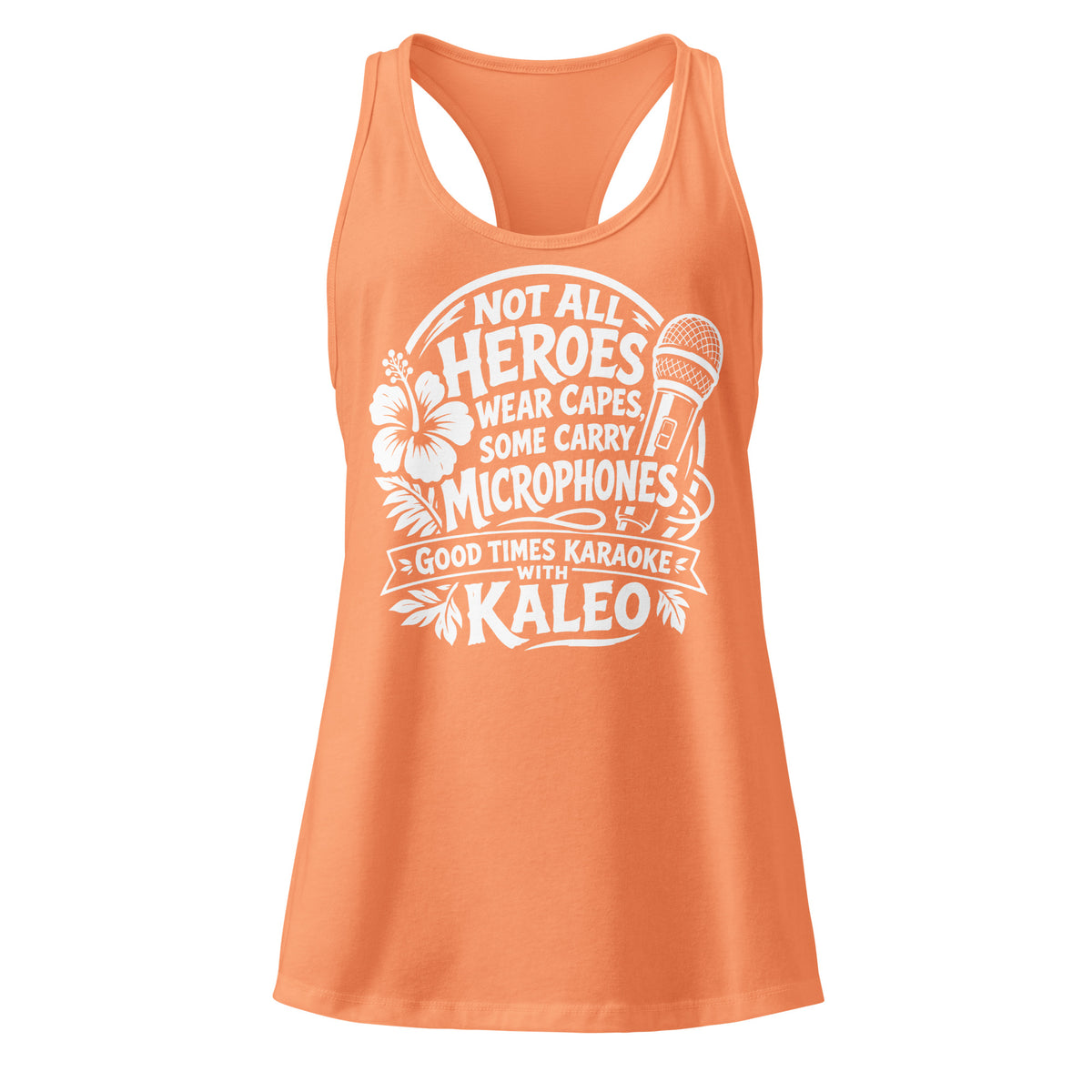 Light Orange women's racerback tank top, front view, featuring Kaleo's Karaoke Heroes 'Not All Heroes Wear Capes, Some Carry Microphones' graphic.