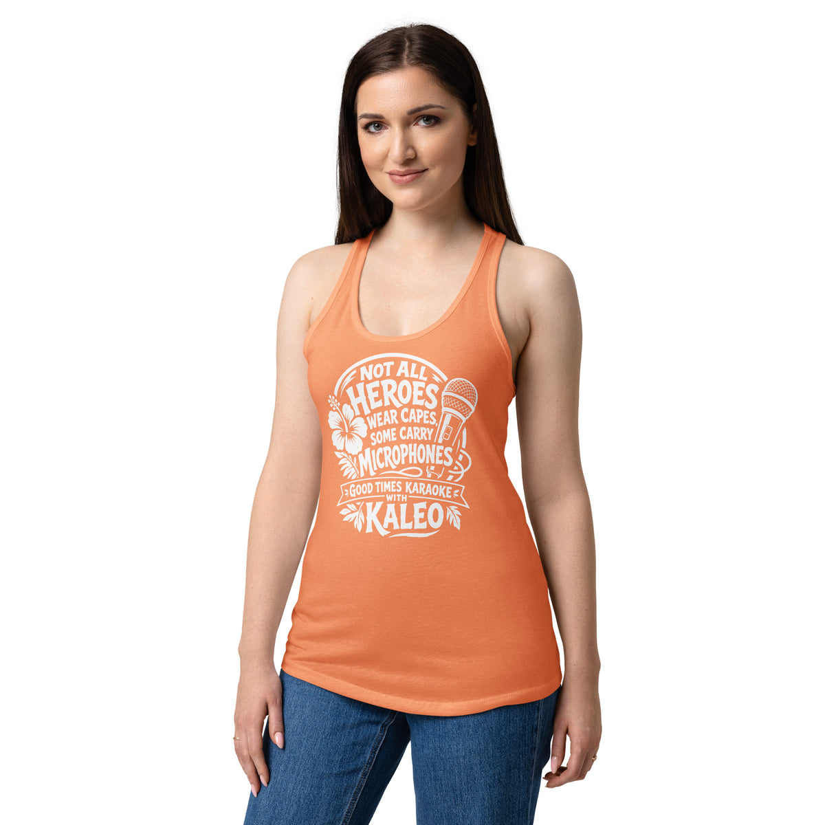 Light Orange women's racerback tank top, front view, featuring Kaleo's Karaoke Heroes 'Not All Heroes Wear Capes, Some Carry Microphones' graphic.