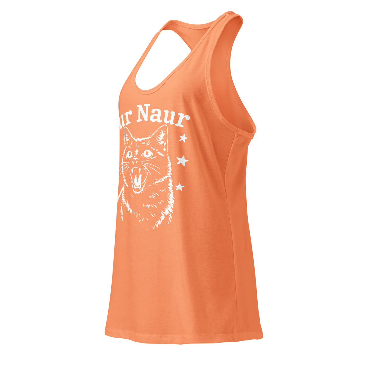 Light Orange women's racerback tank, left-front angled view, featuring Aur Naur white cat portrait and music-themed lettering.