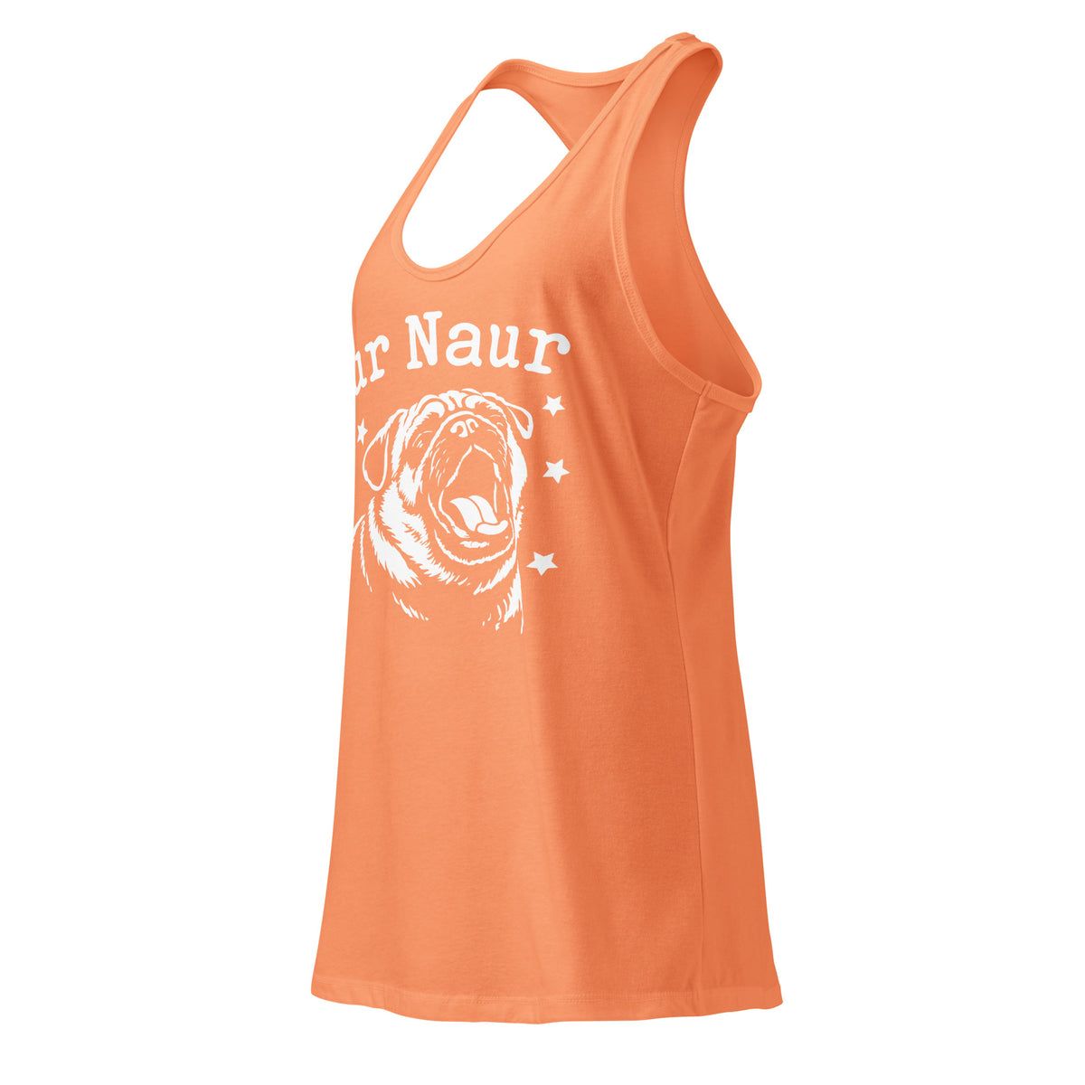 Light Orange women's racerback tank, left-front angled view, featuring Aur Naur white pug portrait and star-accented lettering.