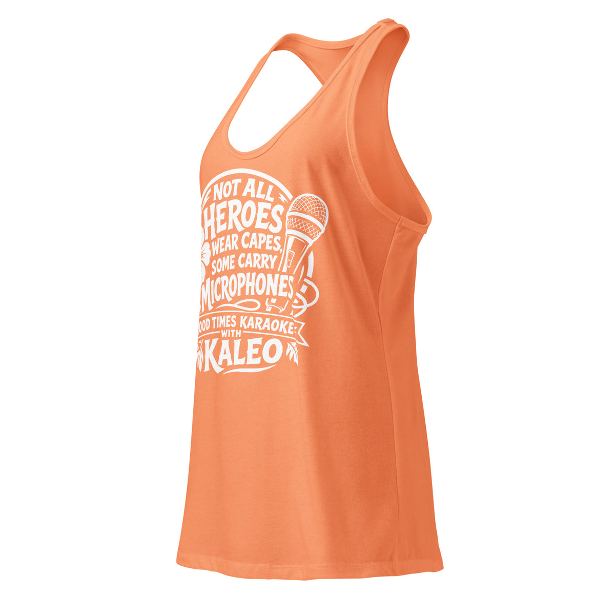 Light Orange women's racerback tank top, left-front angled view, featuring Kaleo's Karaoke Heroes 'Not All Heroes Wear Capes, Some Carry Microphones' graphic.