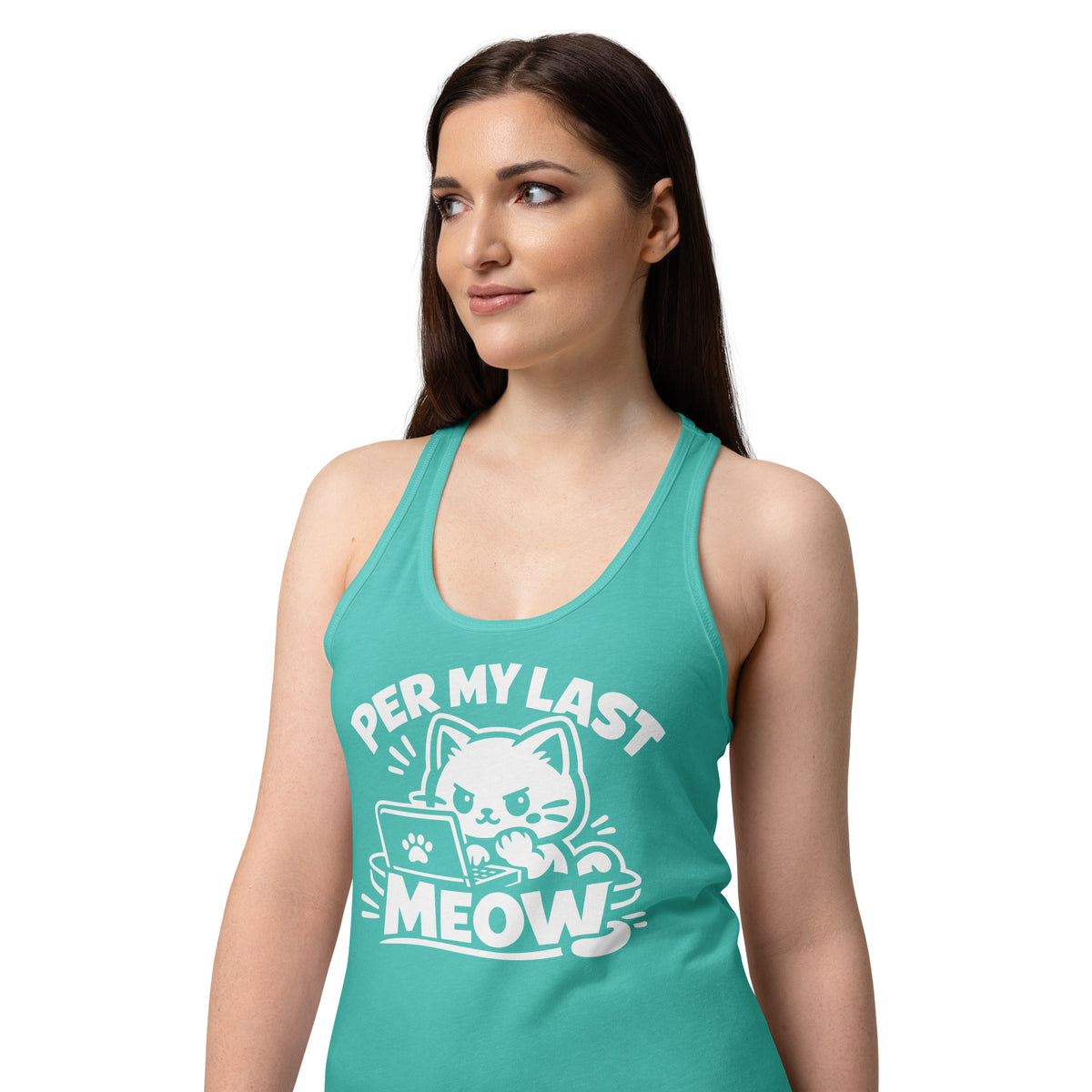 Tahiti Blue women's racerback tank top, front view, featuring the Per My Last Meow cat design