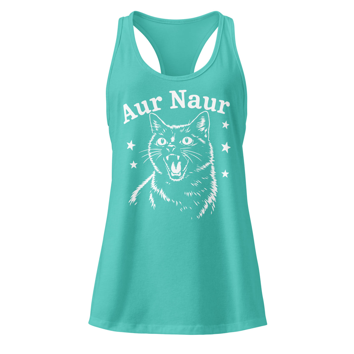 Tahiti Blue women's racerback tank, front view, featuring Aur Naur white cat portrait and music-themed lettering.
